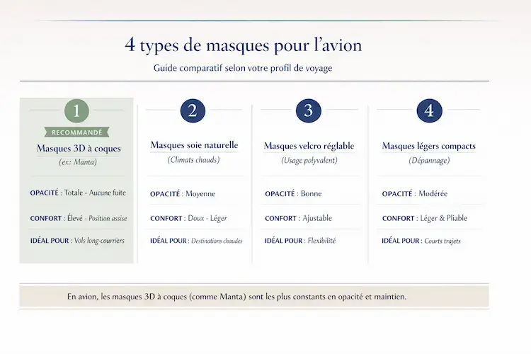 Comparatif des 4 types de masques pour dormir en avion : masques 3D à coques recommandés pour les vols long-courriers, masques soie naturelle pour climats chauds, masques velcro réglable polyvalents et masques légers compacts pour dépannage
