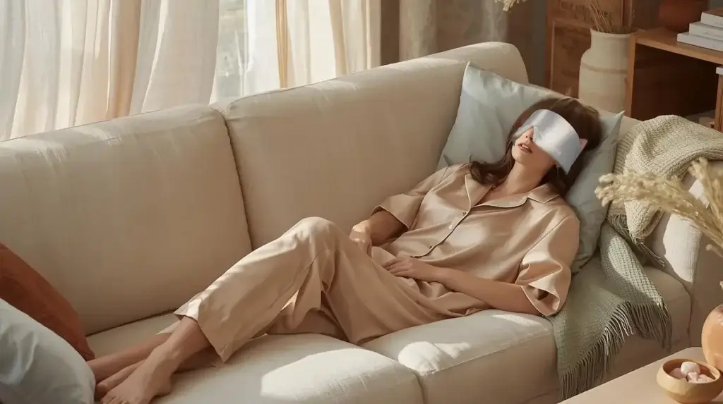 Femme portant un masque de sommeil Drowsy en soie, allongée sur un canapé dans une ambiance de relaxation
