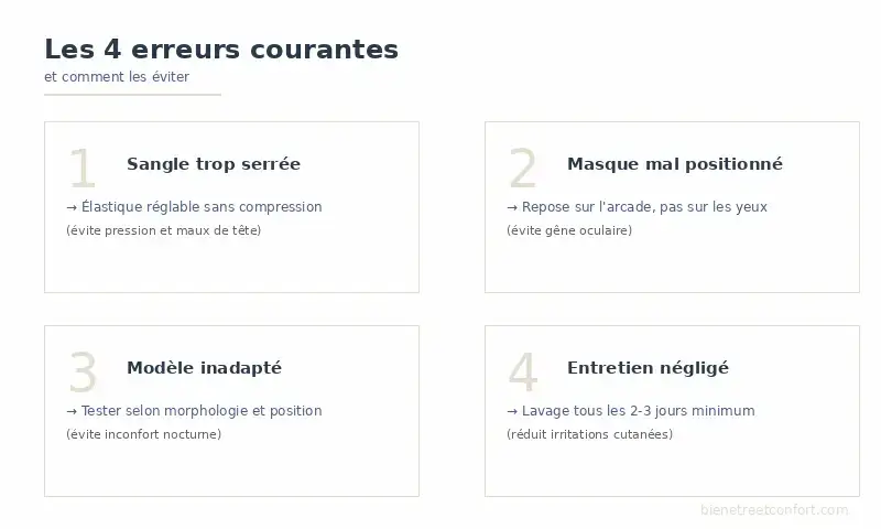 Erreurs courantes masque de sommeil à éviter : sangle serrée, mauvaise position, entretien négligé et bonnes pratiques sécurité