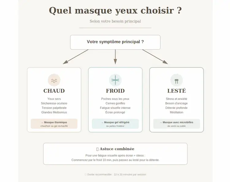 Infographie pour choisir son masque yeux relaxant selon ses besoins : chaud pour yeux secs, froid pour poches et cernes, lesté pour stress