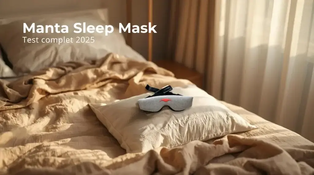 Manta Sleep Mask posé sur oreiller blanc dans une chambre lumineuse avec draps lin naturel, ambiance sereine de réveil reposé