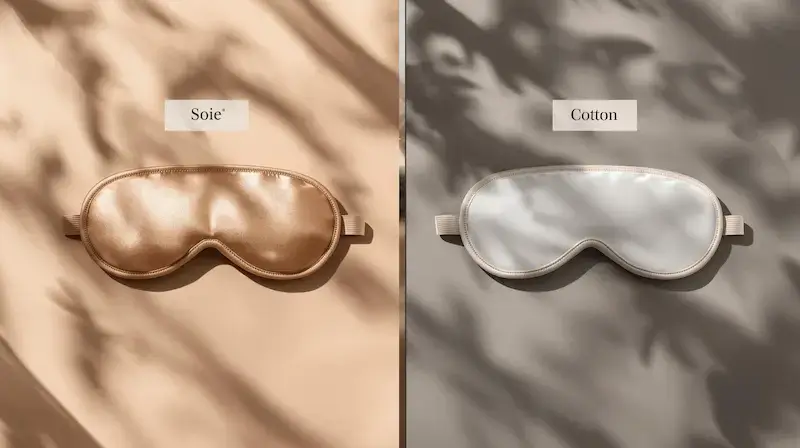 Comparaison visuelle entre un masque en soie brillant et un masque en coton mat, illustrant leurs différences de matière.