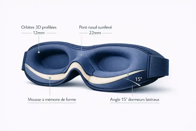 Schéma technique d'un masque de sommeil 3D montrant les orbites profilées de 12mm, le pont nasal surélevé de 22mm, la mousse à mémoire de forme et l'angle de 15° pour dormeurs latéraux