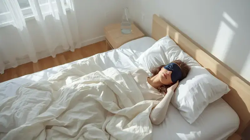 Personne dormant paisiblement dans une chambre calme avec un masque de sommeil.