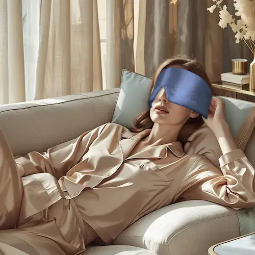 Femme allongée sur un canapé moderne portant un masque de sommeil Drowsy en soie, ambiance détente et bien-être intérieur