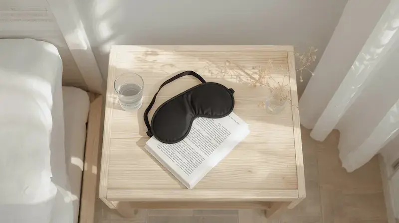 Masque de sommeil noir posé sur table de nuit en bois avec livre et verre d'eau dans chambre minimaliste Section 7 - début (Masque de nuit : quand il devient indispensable)