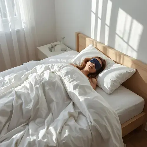Personne dormant avec un masque de sommeil dans une chambre lumineuse.