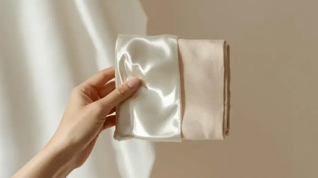 Comparatif visuel entre la soie brillante et le coton mat, montrant clairement la différence de texture entre les deux matières.