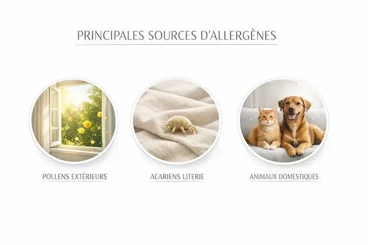 Trois principales sources d'allergènes : pollens extérieurs, acariens dans literie, animaux domestiques