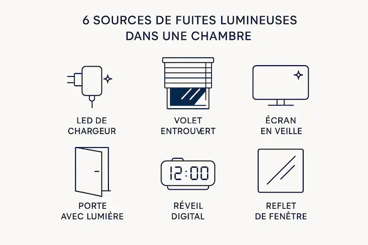 Infographie montrant les 6 principales sources de fuites lumineuses dans une chambre : LED de chargeur, volet entrouvert, écran en veille, porte avec lumière, réveil digital, reflet de fenêtre