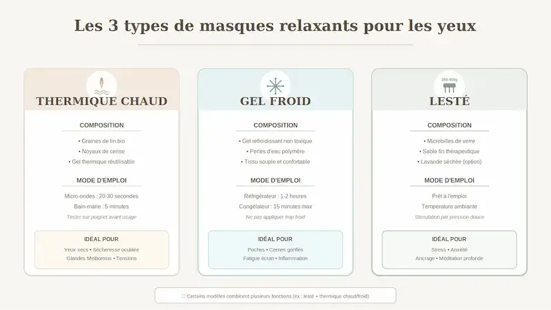 Infographie des 3 types de masques relaxants pour les yeux : thermique chaud, gel froid et lesté avec composition et indications thérapeutiques