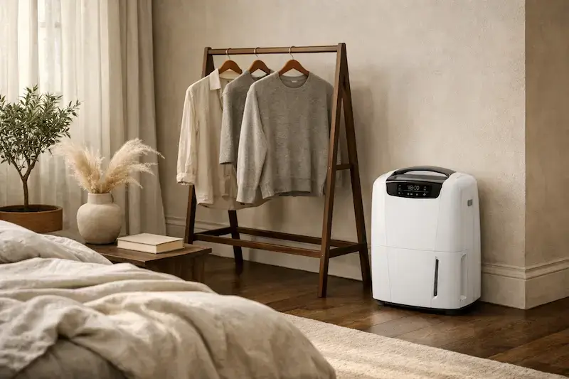 Déshumidificateur Delonghi DEXD216RF en fonctionnement dans une grande chambre contemporaine avec portant à vêtements