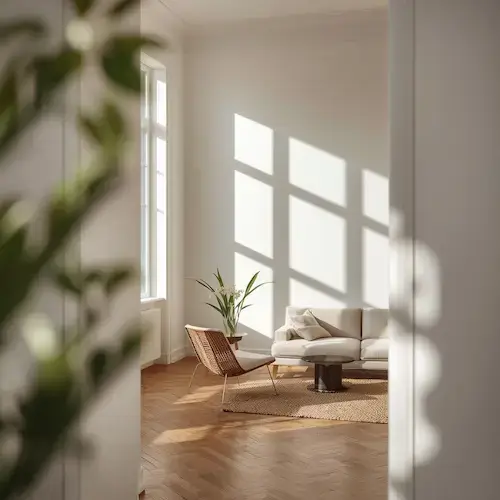 Salon lumineux exposé à la lumière naturelle, montrant comment l’orientation et l’architecture influencent l’humidité d’une maison