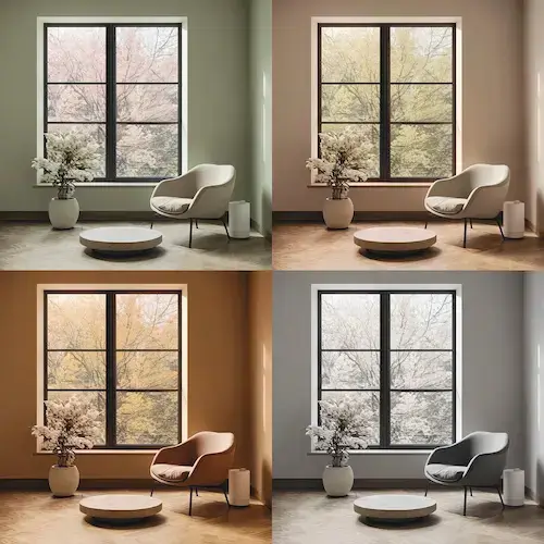 Illustration des quatre saisons vues depuis une pièce intérieure