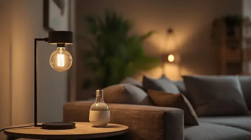 Ampoule LED connectée dans un salon moderne illustrant un choix d’éclairage économique et maîtrisé pour la maison
