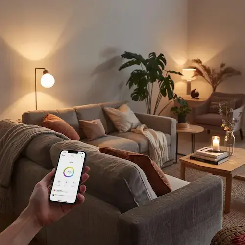 Ampoule connectée pilotée par smartphone dans un salon moderne et chaleureux