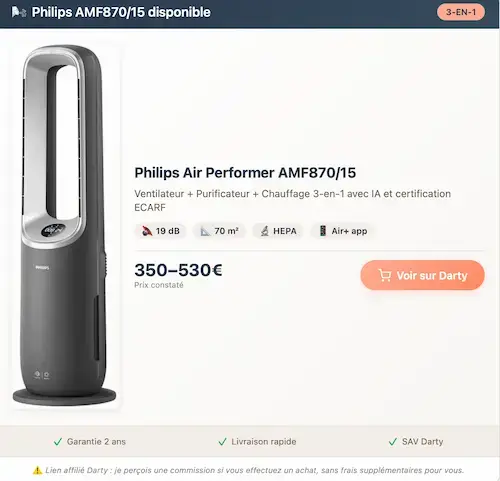 Philips Air Performer AMF870/15, ventilateur purificateur 3-en-1 silencieux avec filtre HEPA et application Air+