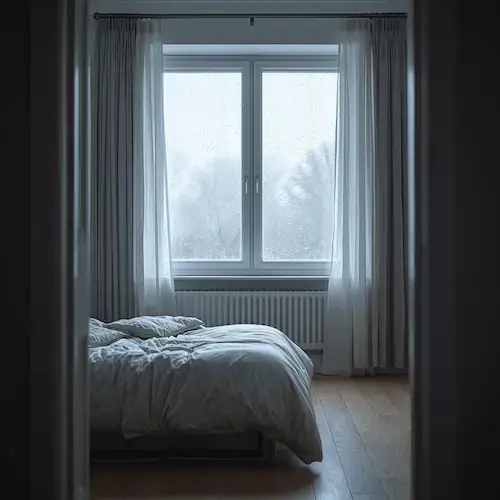Chambre peu chauffée avec fenêtre froide en hiver
