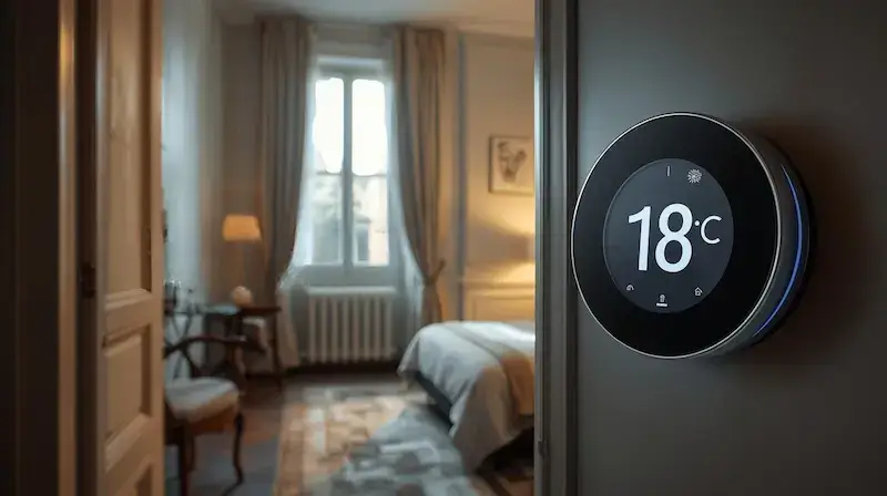 Thermostat réglé à 18 degrés devant une chambre confortable pour dormir