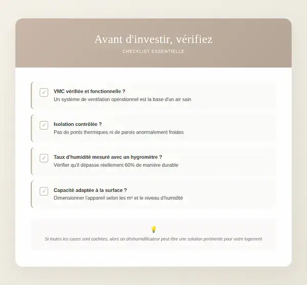 Checklist récapitulative avant achat d un déshumidificateur ventilation isolation mesure du taux d humidité et capacité adaptée