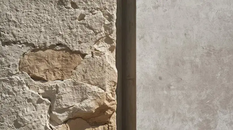 Comparaison entre mur ancien en pierre poreuse et mur moderne lisse montrant les différences de structure