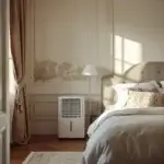 Déshumidificateur en chambre : 7 erreurs à éviter Déshumidificateur placé dans une chambre avec traces d’humidité sur le mur