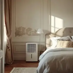 DĂ©shumidificateur en chambre : 7 erreurs Ă Ă©viter DĂ©shumidificateur placĂ© dans une chambre avec traces dâhumiditĂ© sur le mur