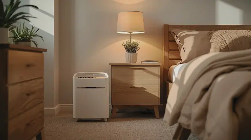 Déshumidificateur positionné à distance du lit dans une chambre apaisante