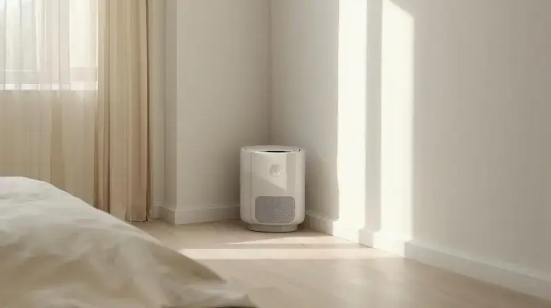 Déshumidificateur compact intégré discrètement dans une chambre lumineuse et apaisante