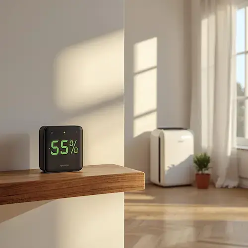 Hygromètre affichant 55 pour cent d humidité dans un logement sain avec un déshumidificateur en arrière plan