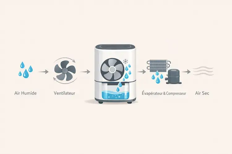 Schéma de fonctionnement d’un déshumidificateur à compresseur