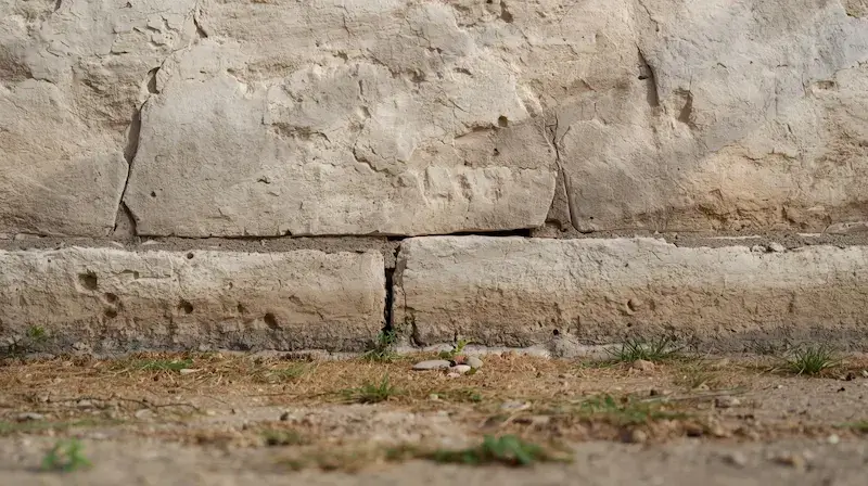 Base d'un mur en pierre de taille ancien au contact du sol montrant la zone sensible aux remontées capillaires