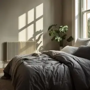 Froid au lit malgré une chambre chauffée : pourquoi et comment y remédier Lit dans une chambre chauffée avec radiateur, montrant la sensation de froid au lit malgré le chauffage