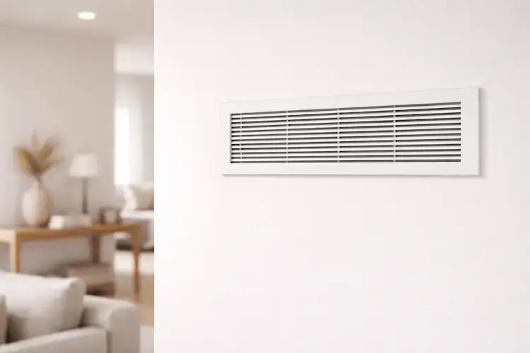 Grille de ventilation murale moderne dans un intérieur minimaliste favorisant la circulation de l'air