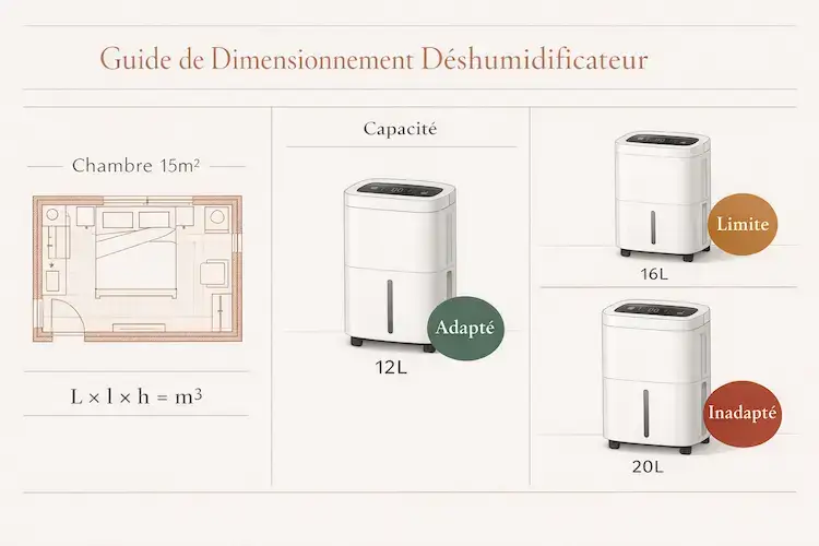Infographie guide de dimensionnement déshumidificateur pour chambre 15m² montrant trois capacités (12L adapté, 16L limite, 20L inadapté) avec plan architectural et formule de calcul volume