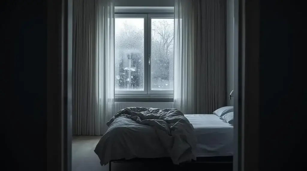 Chambre froide la nuit avec lit et fenêtre en hiver