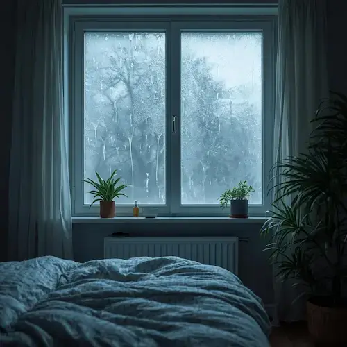 ondensation sur une fenêtre de chambre causée par un excès d’humidité intérieure