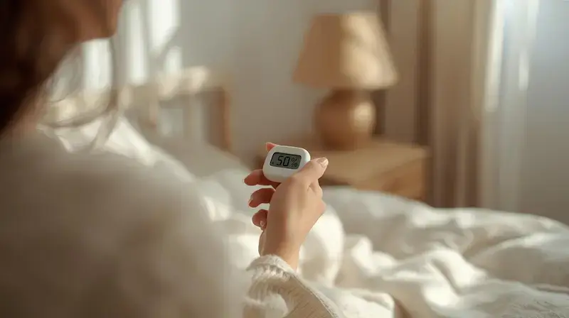 : hygrometre-mesure-humidite-chambre-50-pourcent.png Texte ALT : Femme tenant hygromètre digital affichant 50 pourcent taux humidité optimal dans chambre lumière naturelle douce tons beiges