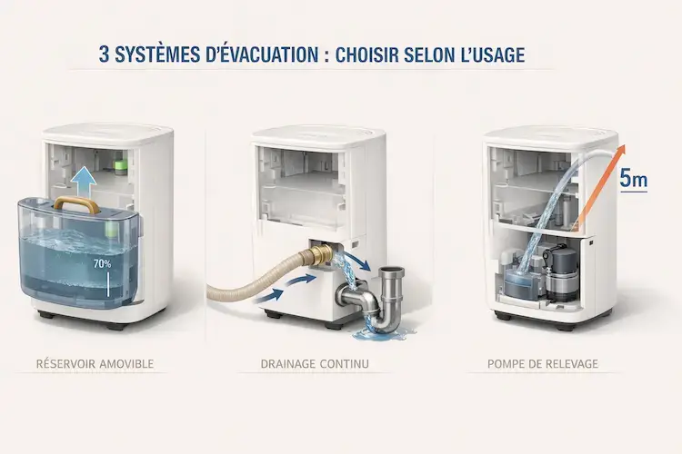 Schéma technique des trois systèmes d'évacuation d'eau pour déshumidificateur : réservoir amovible, drainage continu et pompe de relevage