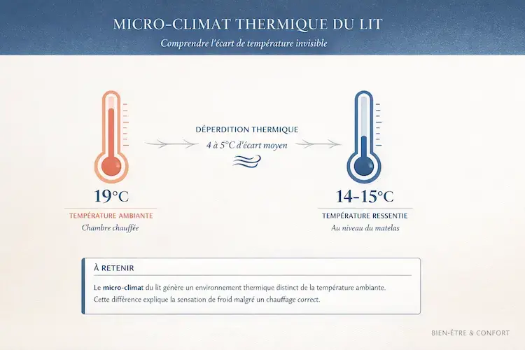 Schéma montrant la différence entre la température ambiante d’une chambre chauffée et la température ressentie au niveau du lit
