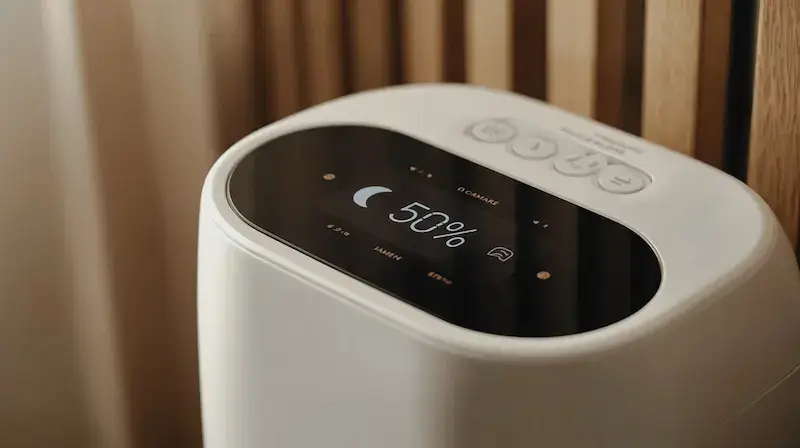 Panneau de contrôle d'un déshumidificateur en mode nuit avec affichage discret