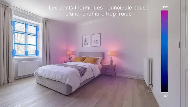 Illustration des zones froides autour d’une fenêtre dans une chambre mal isolée