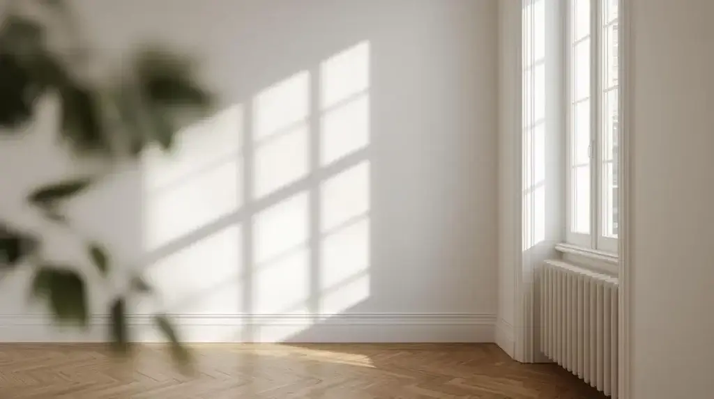 Pièce claire exposée à la lumière naturelle, montrant comment l’orientation et la structure du bâtiment peuvent influencer l’humidité d’une maison