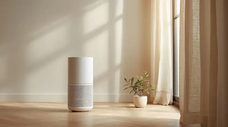 Purificateur d'air cylindrique blanc posé au sol dans une chambre lumineuse avec parquet en bois et lumière naturelle