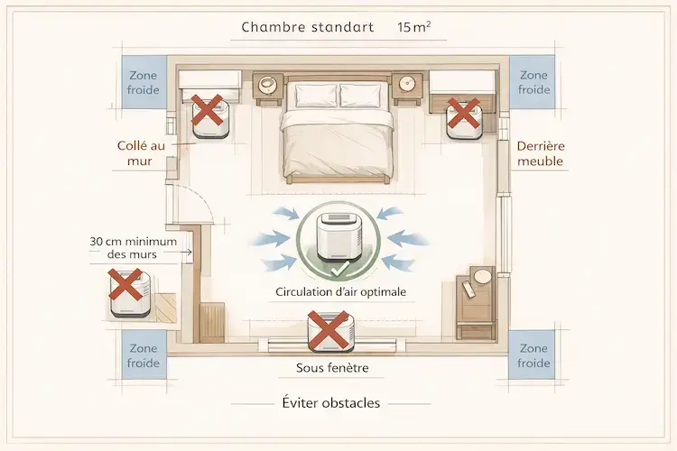 Plan vue dessus chambre 15m2 montrant placement optimal déshumidificateur au centre avec circulation air et positions incorrectes collé mur derrière meuble sous fenêtre barrées croix rouge zones froides angles
