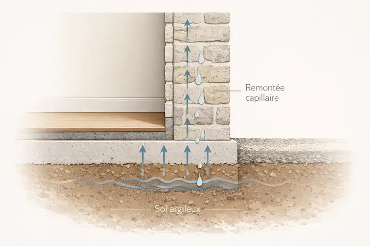 explicatif des remontées capillaires depuis un sol argileux dans les murs d'une construction ancienne