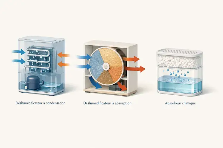 Schéma comparatif des déshumidificateurs à condensation, à absorption et des absorbeurs chimiques