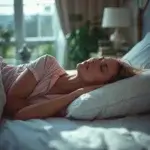 Transpiration de la tête la nuit : causes et solutions Femme transpirant de la tête la nuit, nuque humide posée sur un oreiller blanc dans une chambre calme