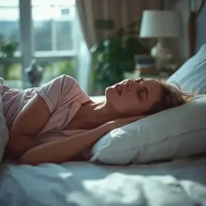 Transpiration de la tête la nuit : causes et solutions Femme transpirant de la tête la nuit, nuque humide posée sur un oreiller blanc dans une chambre calme