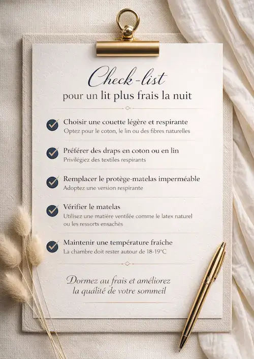 Check-list élégante présentant les actions pour éviter la surchauffe du lit et améliorer la ventilation de la literie